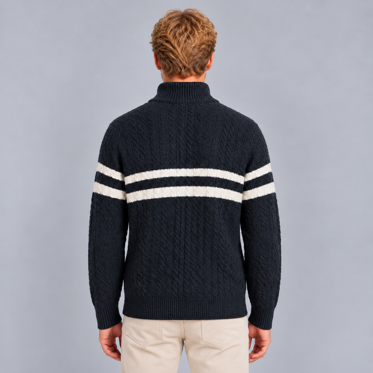 Cas | Warme Half-Zip Trui met Kabelpatroon – Hoge Kraag en Contraststrepen