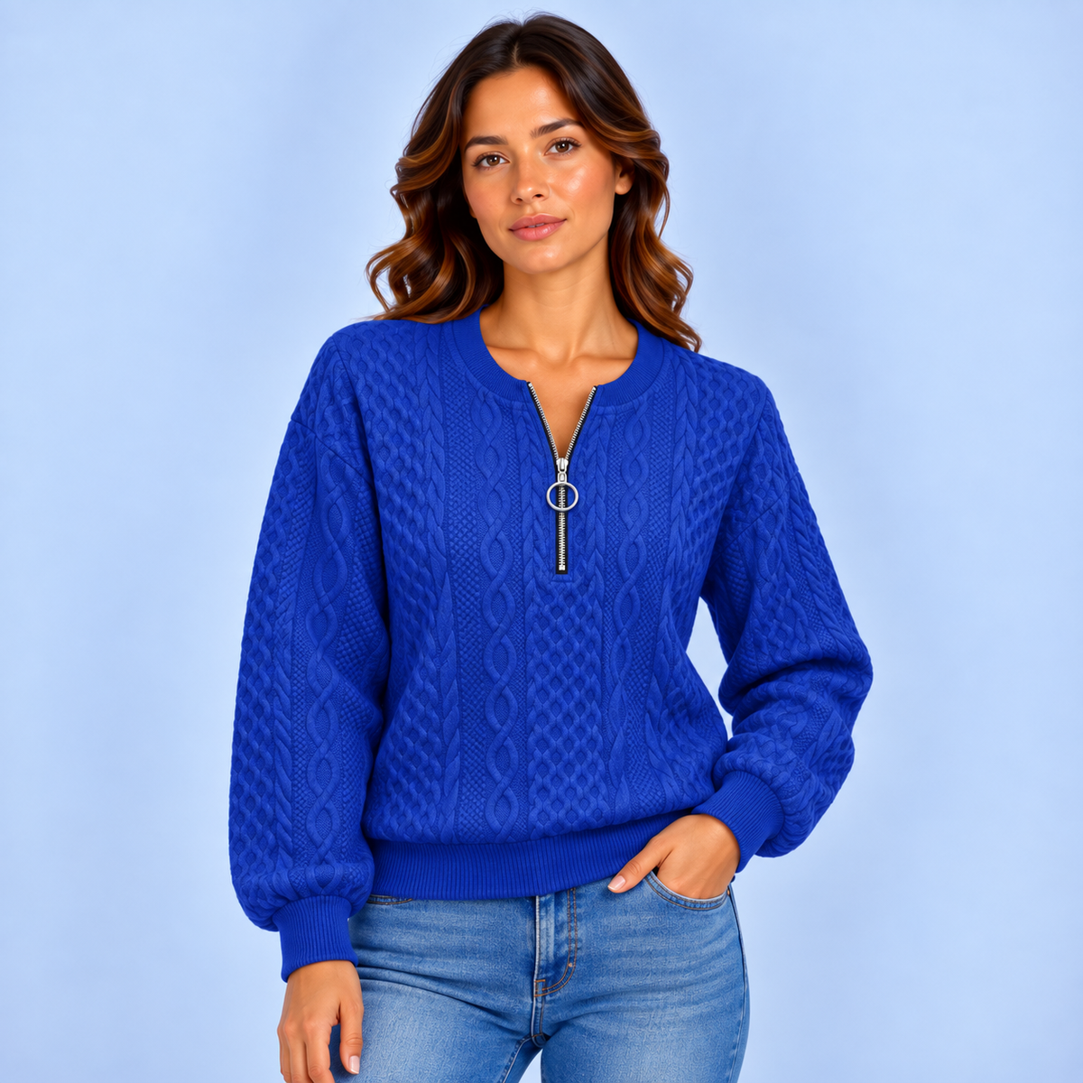 Anne | Dames Quarter-Zip Trui Warm – Fijn Kabelpatroon en Verstelbare Hals