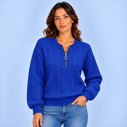 Anne | Dames Quarter-Zip Trui Warm – Fijn Kabelpatroon en Verstelbare Hals