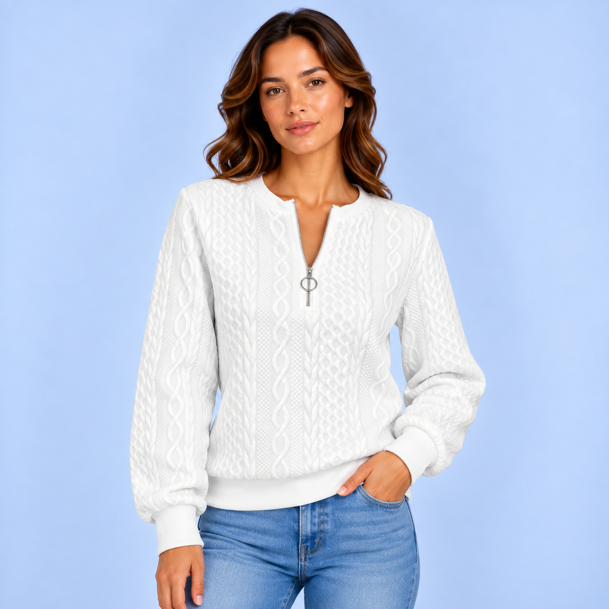 Anne | Dames Quarter-Zip Trui Warm – Fijn Kabelpatroon en Verstelbare Hals