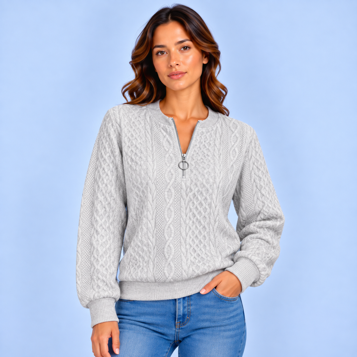 Anne | Dames Quarter-Zip Trui Warm – Fijn Kabelpatroon en Verstelbare Hals