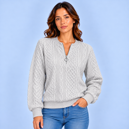 Anne | Dames Quarter-Zip Trui Warm – Fijn Kabelpatroon en Verstelbare Hals
