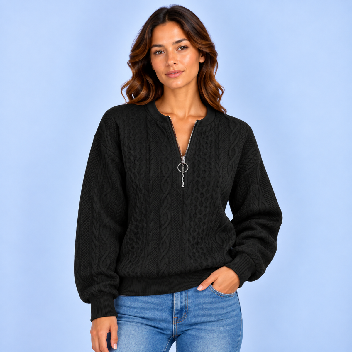 Anne | Dames Quarter-Zip Trui Warm – Fijn Kabelpatroon en Verstelbare Hals