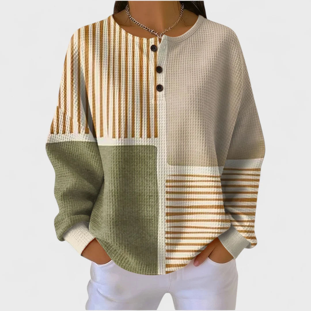 Anouk | Dames Patchwork Trui Gestreept – Ontspannen Pasvorm en Knoopjes bij de Hals