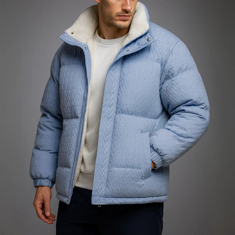 Bas | Oversized Gewatteerde Jas – Geblokt Structuurpatroon en Teddy Voering