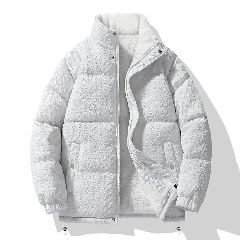 Bas | Oversized Gewatteerde Jas – Geblokt Structuurpatroon en Teddy Voering