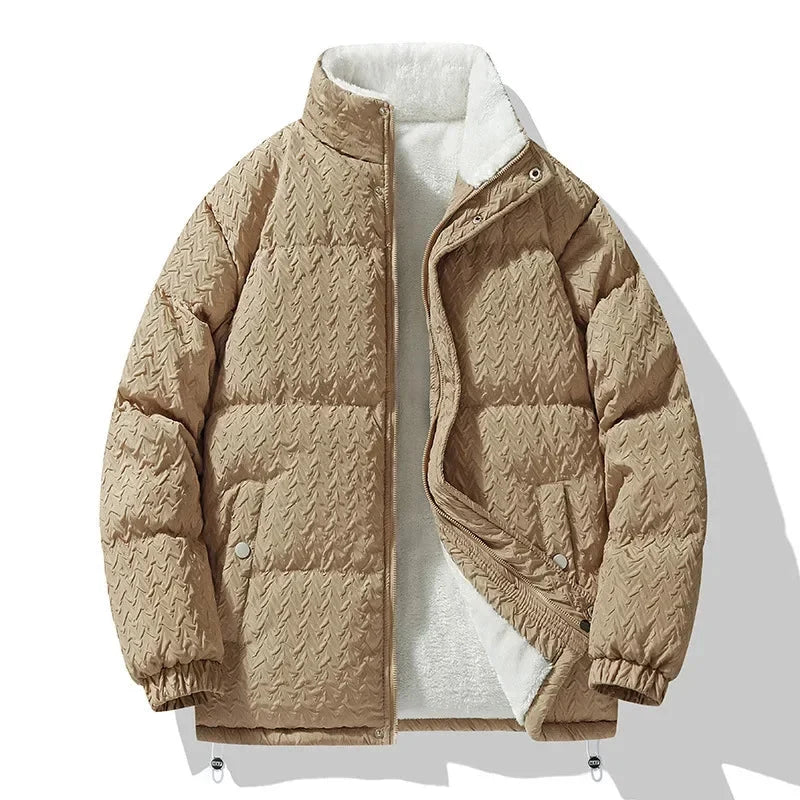 Bas | Oversized Gewatteerde Jas – Geblokt Structuurpatroon en Teddy Voering