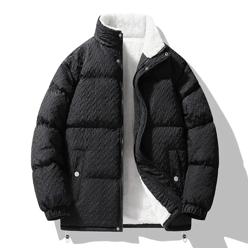 Bas | Oversized Gewatteerde Jas – Geblokt Structuurpatroon en Teddy Voering