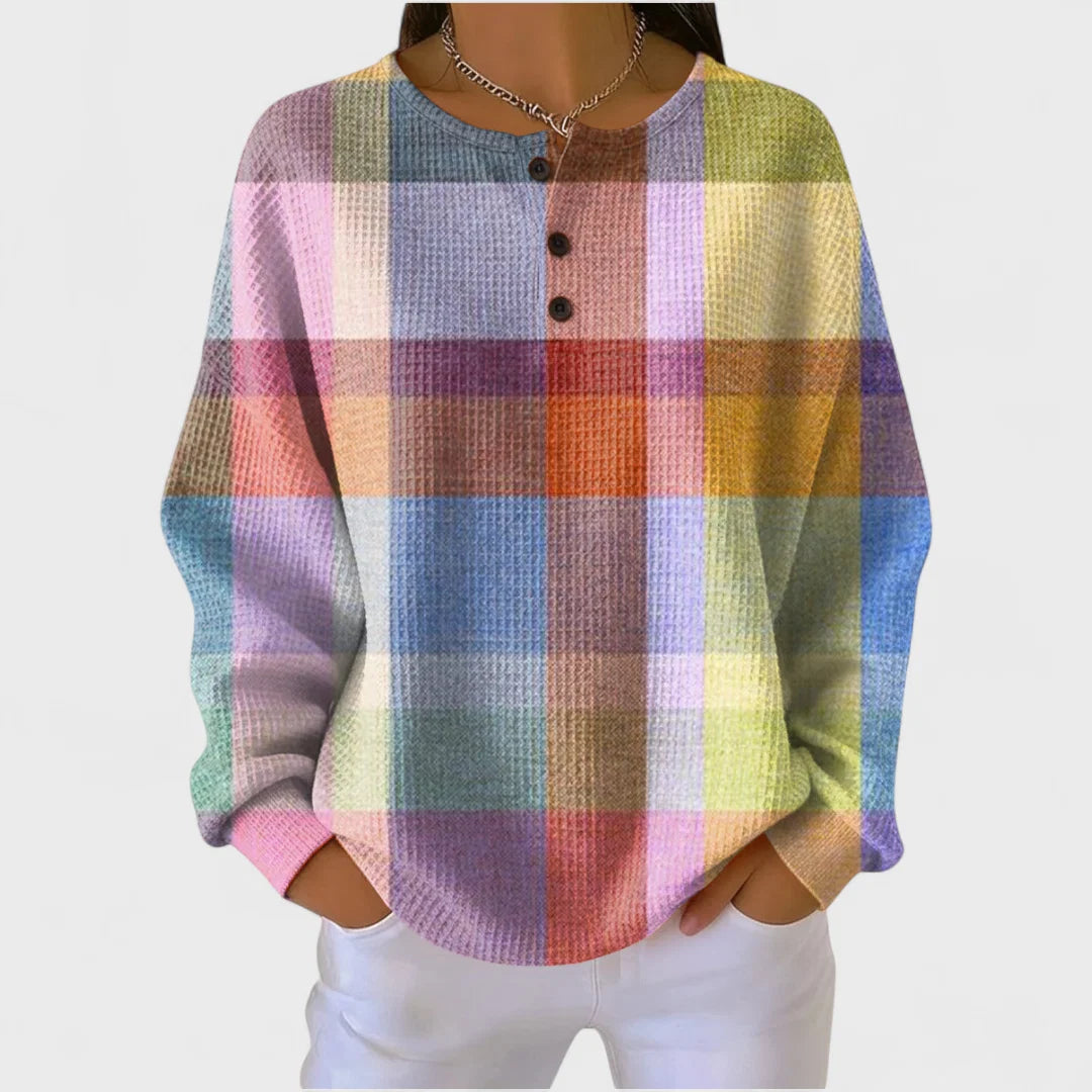 Bo | Dames Trui Gebreide Stijl – Knoopsluiting en Pastel Ruitpatroon