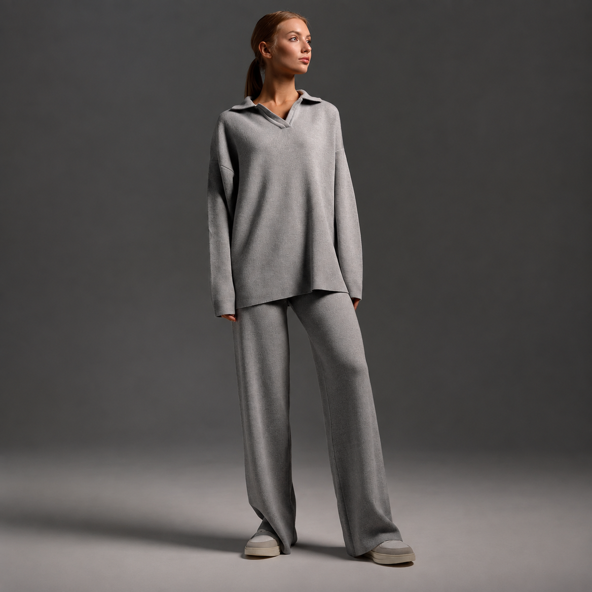Bo | Dames Loungewear Set – Half-Zip Trui met Opstaande Kraag en Wijde Broek