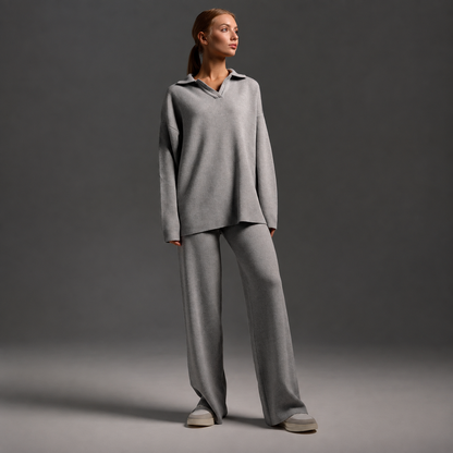 Bo | Dames Loungewear Set – Half-Zip Trui met Opstaande Kraag en Wijde Broek
