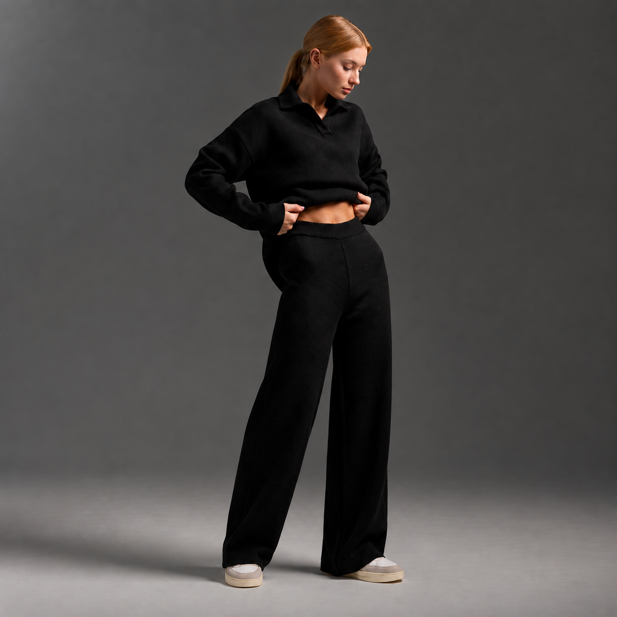 Bo | Dames Loungewear Set – Half-Zip Trui met Opstaande Kraag en Wijde Broek
