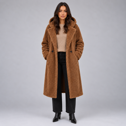 Britt | Dames Teddy Jas Lang Oversized – Warme Capuchon en Zachte Teddy Stijl