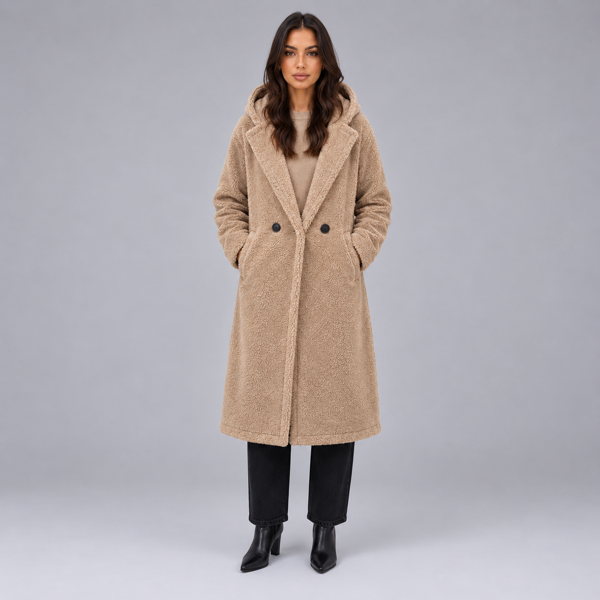 Britt | Dames Teddy Jas Lang Oversized – Warme Capuchon en Zachte Teddy Stijl