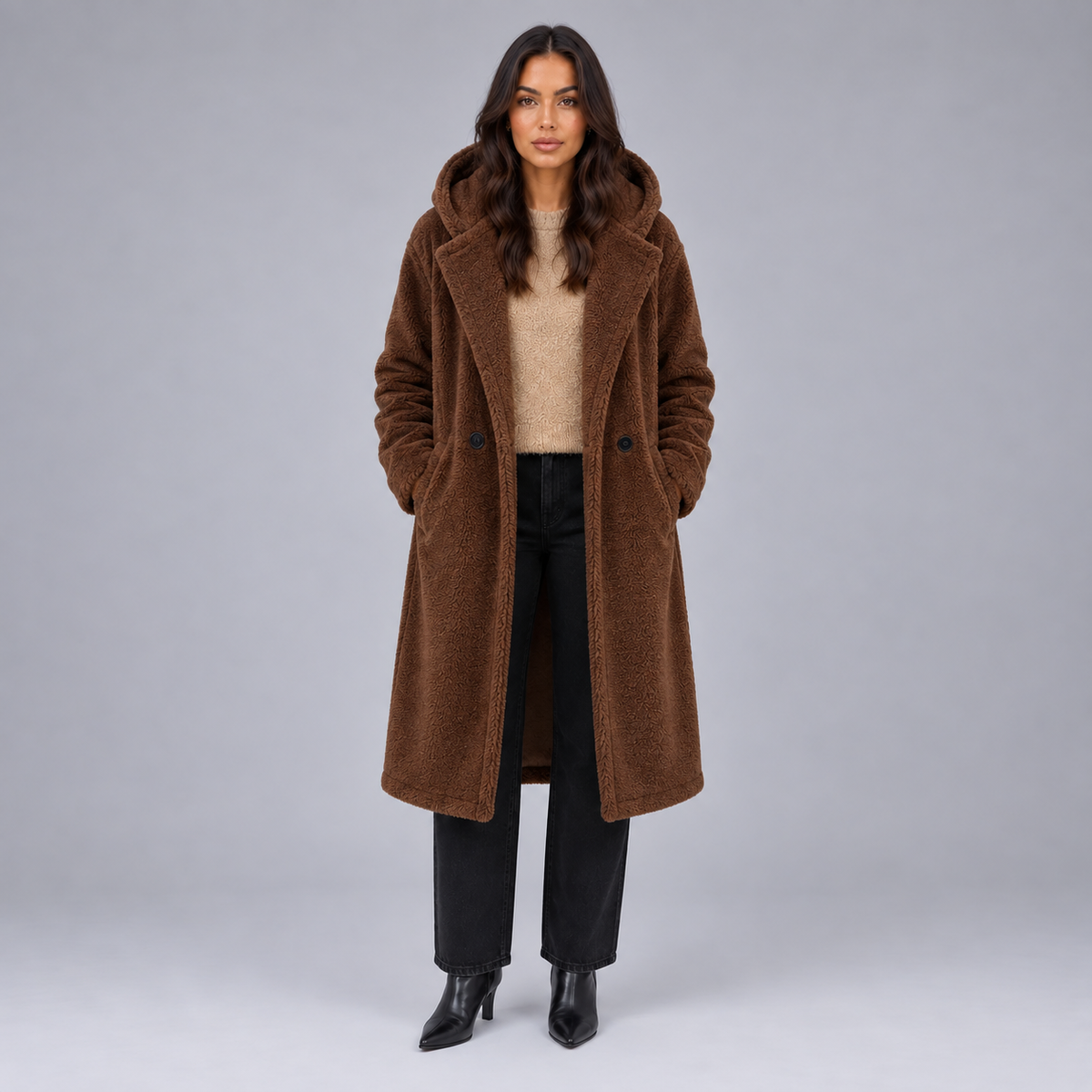 Britt | Dames Teddy Jas Lang Oversized – Warme Capuchon en Zachte Teddy Stijl