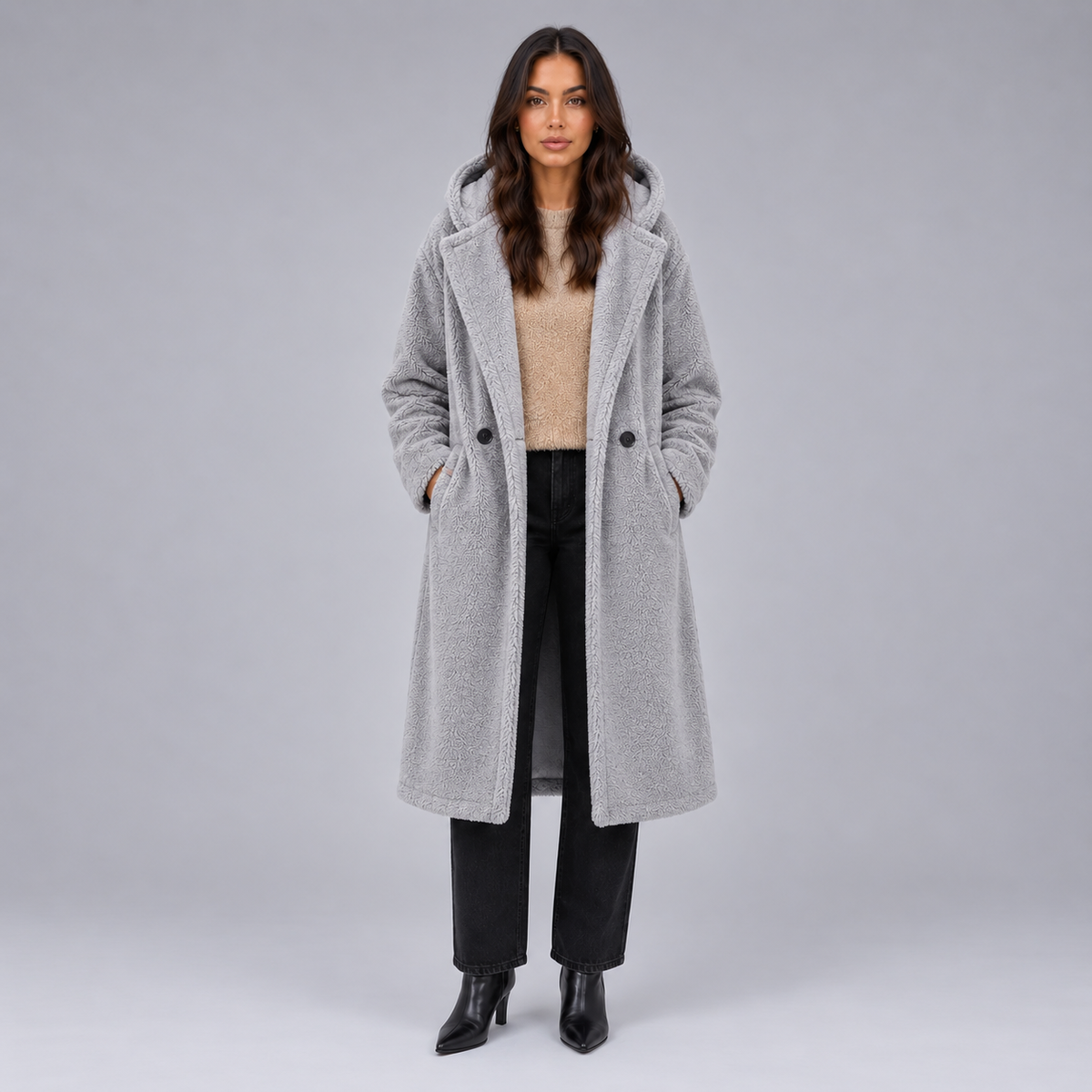 Britt | Dames Teddy Jas Lang Oversized – Warme Capuchon en Zachte Teddy Stijl