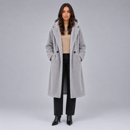 Britt | Dames Teddy Jas Lang Oversized – Warme Capuchon en Zachte Teddy Stijl