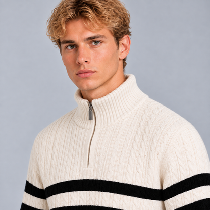 Cas | Warme Half-Zip Trui met Kabelpatroon – Hoge Kraag en Contraststrepen
