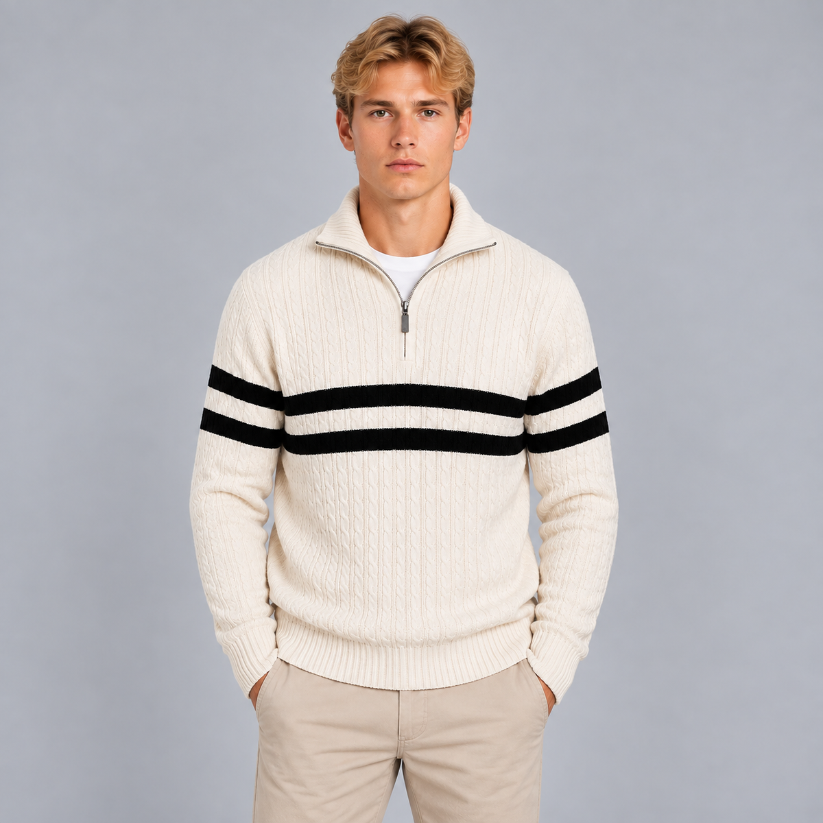 Cas | Warme Half-Zip Trui met Kabelpatroon – Hoge Kraag en Contraststrepen