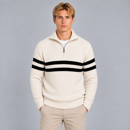 Cas | Warme Half-Zip Trui met Kabelpatroon – Hoge Kraag en Contraststrepen