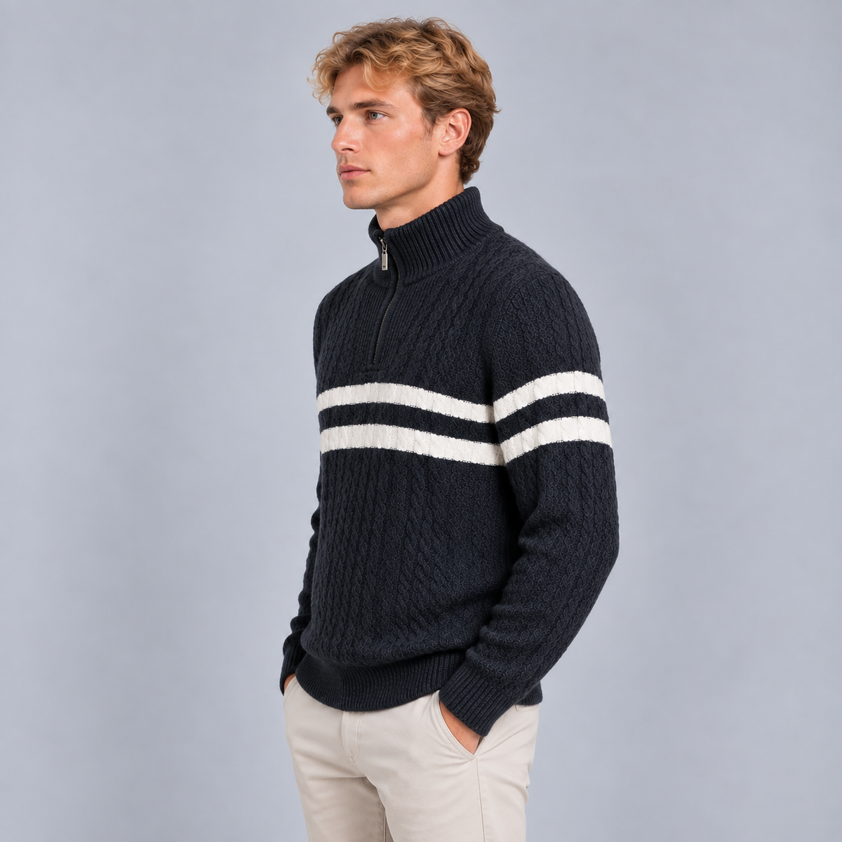 Cas | Warme Half-Zip Trui met Kabelpatroon – Hoge Kraag en Contraststrepen