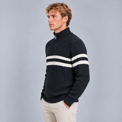 Cas | Warme Half-Zip Trui met Kabelpatroon – Hoge Kraag en Contraststrepen