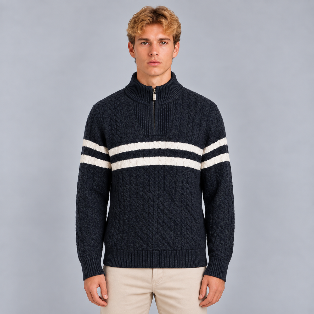 Cas | Warme Half-Zip Trui met Kabelpatroon – Hoge Kraag en Contraststrepen
