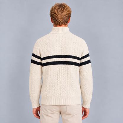 Cas | Warme Half-Zip Trui met Kabelpatroon – Hoge Kraag en Contraststrepen