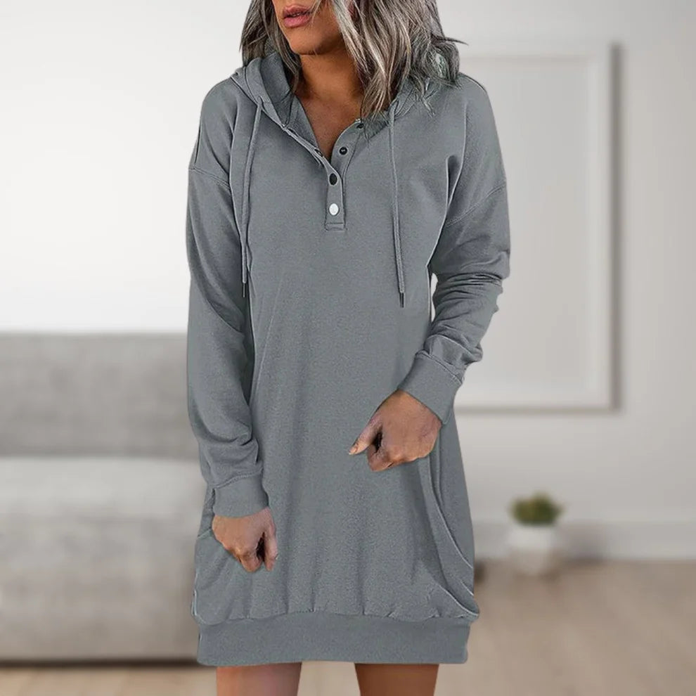 Elin | Dames Hoodie Extra Lang – Warme Capuchon en Knoopsluiting
