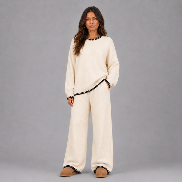 Elin | Gebreide Co-Ord Set – Zachte Knit Trui en Wide Leg Broek met Contrast Trim