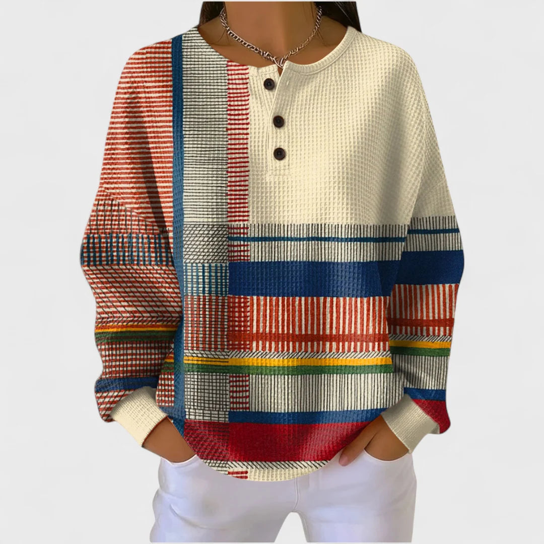 Eline | Dames Trui Gebreide Stijl met Knoopsluiting en Gestreept Patchwork