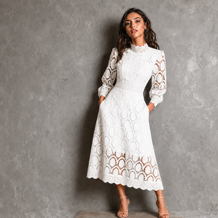 Elise | Kanten Midi Jurk – Verfijnd Bloemenkant en Elegante Lange Mouwen