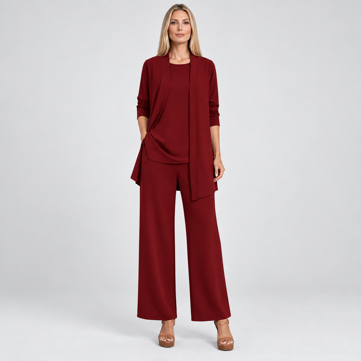 Elise | Dames Co-ord Set Elegant – Lang Vest met Top en Wijde Broek