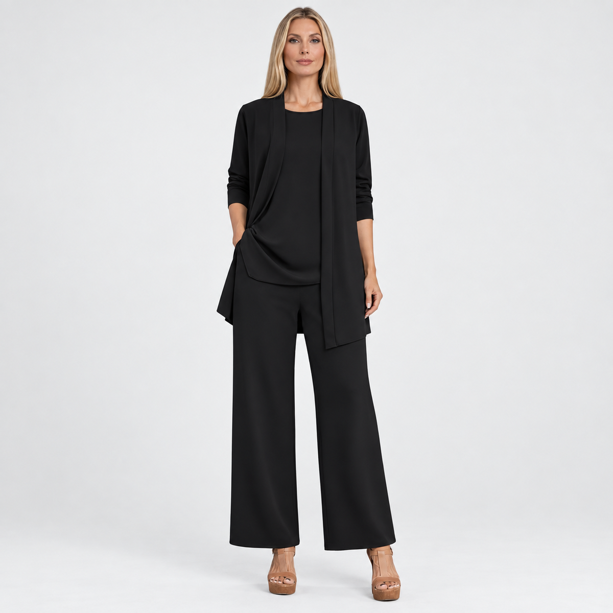 Elise | Dames Co-ord Set Elegant – Lang Vest met Top en Wijde Broek