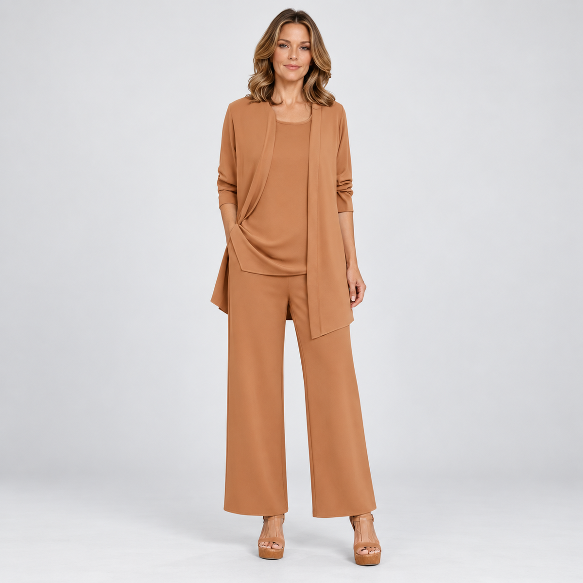 Elise | Dames Co-ord Set Elegant – Lang Vest met Top en Wijde Broek