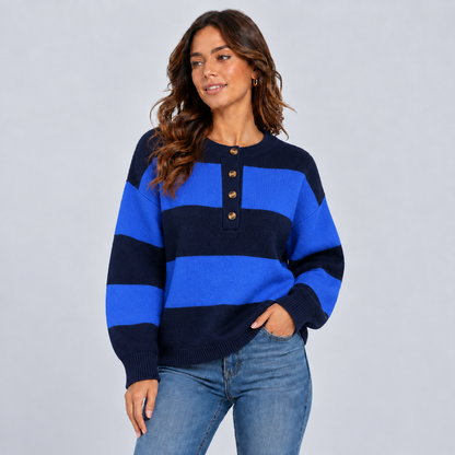 Esmee | Warme Gestreepte Trui – Knoopplacket en Oversized Pasvorm