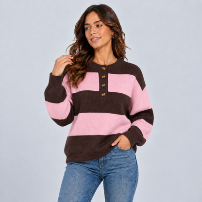 Esmee | Warme Gestreepte Trui – Knoopplacket en Oversized Pasvorm