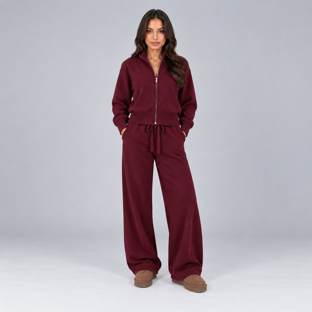 Esther | Dames Loungeset Gebreid – Ritssluiting en Wijde Broek