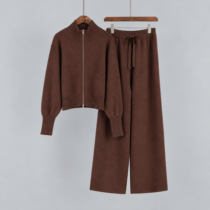 Esther | Dames Loungeset Gebreid – Ritssluiting en Wijde Broek