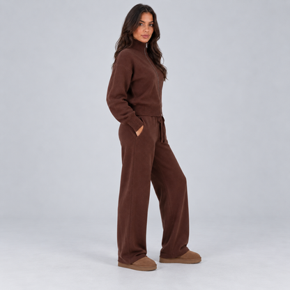 Esther | Dames Loungeset Gebreid – Ritssluiting en Wijde Broek