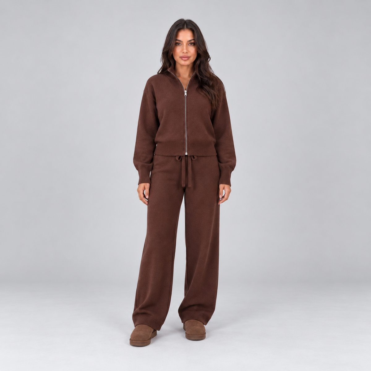 Esther | Dames Loungeset Gebreid – Ritssluiting en Wijde Broek