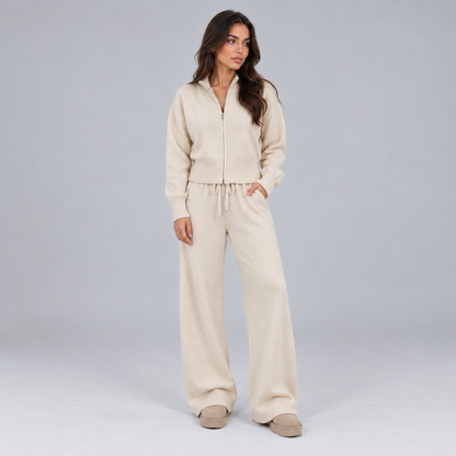 Esther | Dames Loungeset Gebreid – Ritssluiting en Wijde Broek