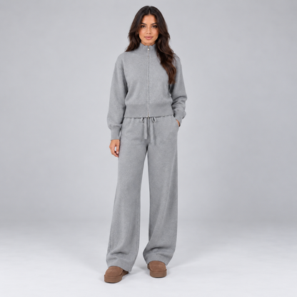 Esther | Dames Loungeset Gebreid – Ritssluiting en Wijde Broek