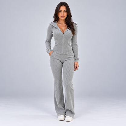 Eva | Dames Loungeset Ribgebreid – Getailleerd Vest met Capuchon en Wijde Broek