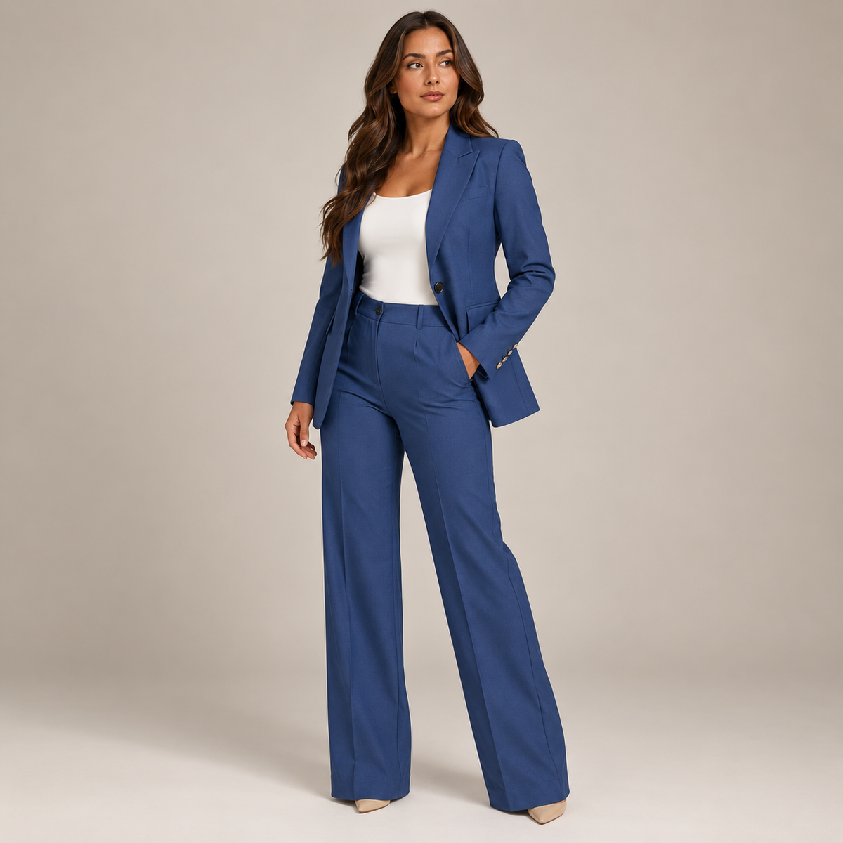 Eva | Damespak met Getailleerde Blazer – Reverskraag en Rechte Broek