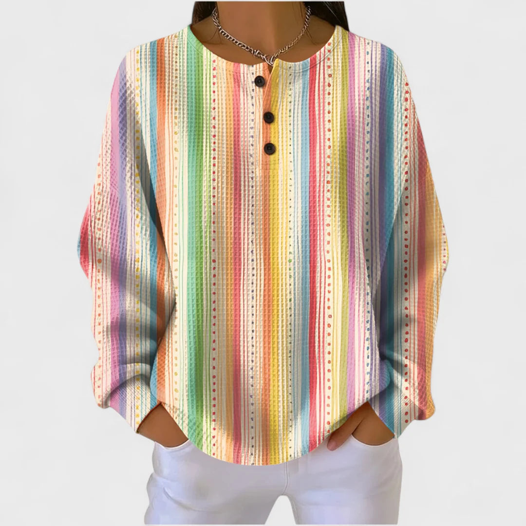 Evi | Dames Trui Gebreide Stijl – Knoopsluiting en Regenboog Streepdessin