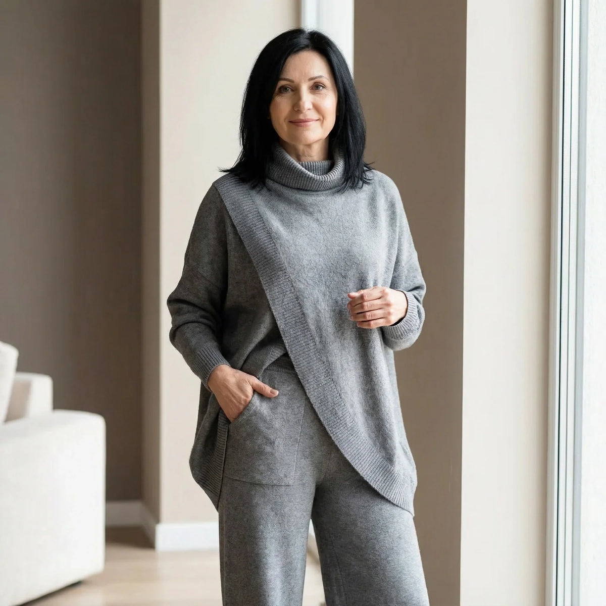 Evi | Dames Co-ord Set Oversized – Coltrui met Asymmetrische Zoom en Wijde Broek