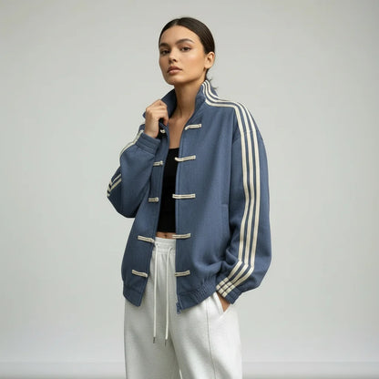 Femke | Dames Track Jacket Retro – Knoopsluiting met Lussen en Contrasterende Mouwstrepen