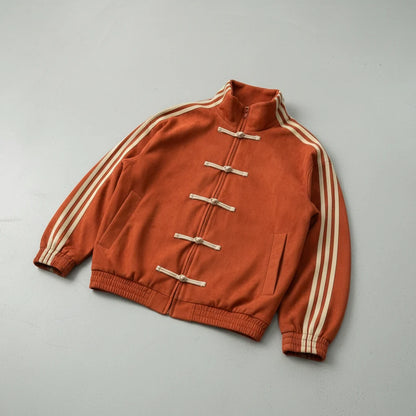 Femke | Dames Track Jacket Retro – Knoopsluiting met Lussen en Contrasterende Mouwstrepen