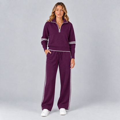 Femke | Comfortabele Loungeset – Halve Rits en Streepdetails